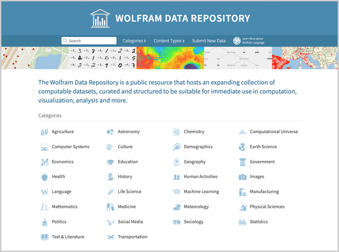 A screenshot of the Wolfram Data Repository landing screen