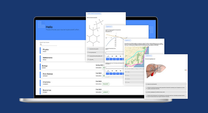 An image of the Quezzio dashboard alongside different functionalities of the platform