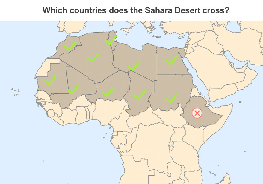 「サハラ砂漠はどの国にまたがっているか」という質問の答えを示す地図