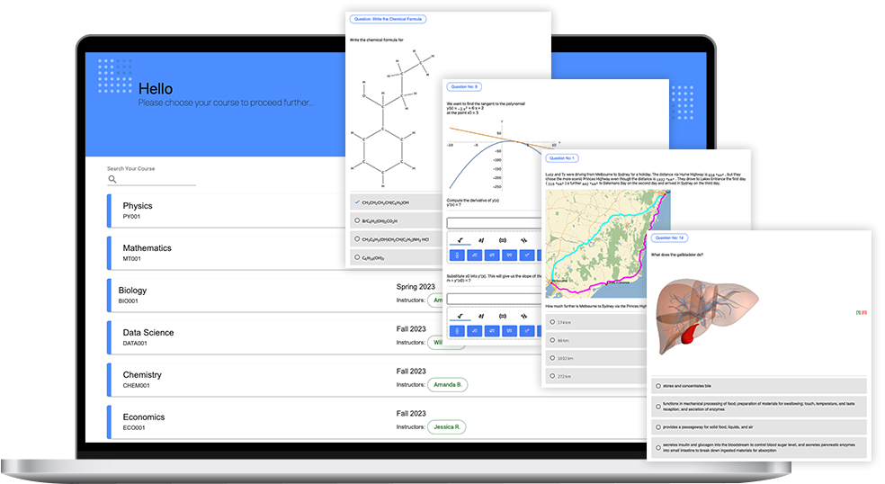 Ein Bild des Quezzio-Dashboards, neben verschiedenen Funktionalitäten der Plattform