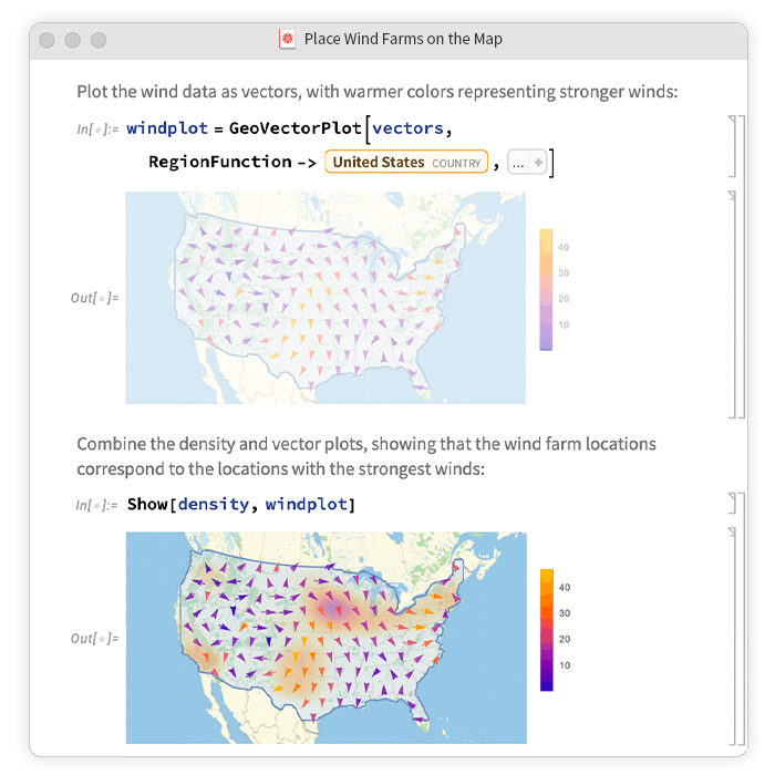 Map visualization of offshore wind farms showing turbine locations and related geospatial data, demonstrating Mathematica's capabilities for analyzing and visualizing renewable energy infrastructure.
